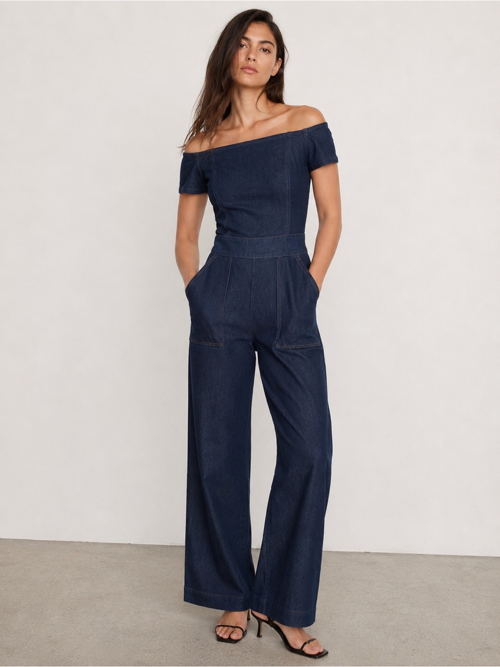7 for all mankind modal and cotton stretchy off the shoulder denim jumpsuit